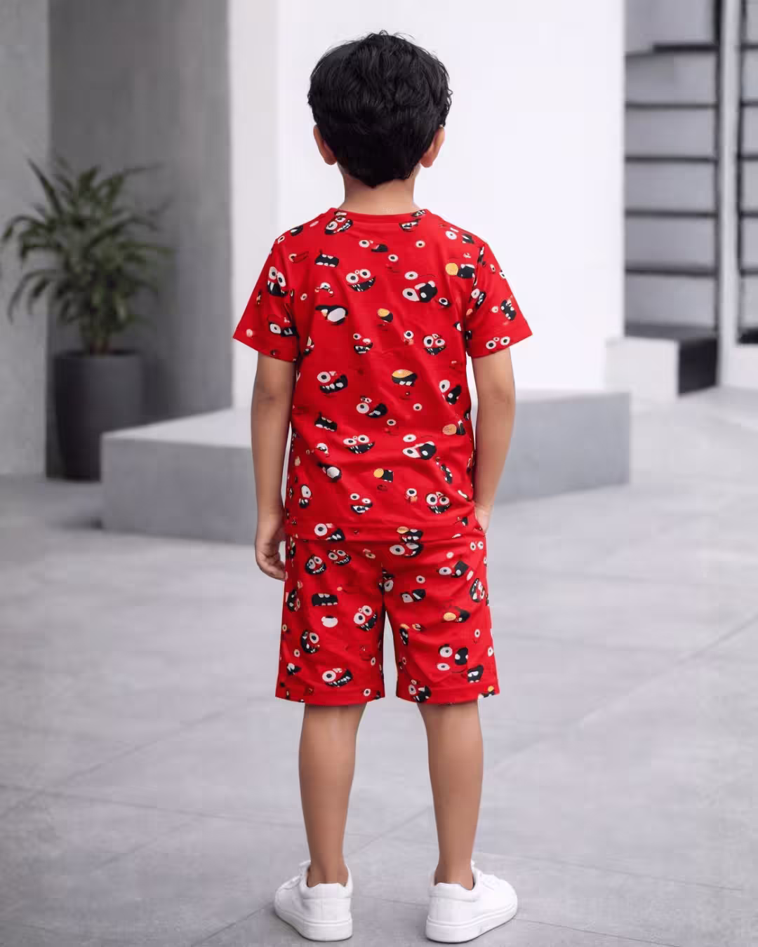 Boys Indigo Printed Cotton Bermuda Co-Ord Set  - Red Alternate