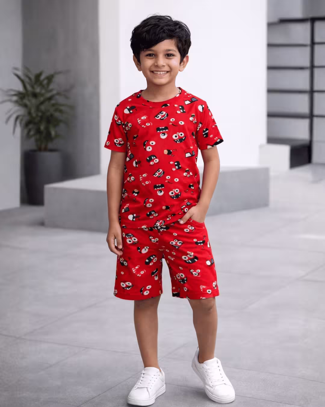 Boys Indigo Printed Cotton Bermuda Co-Ord Set  - Red
