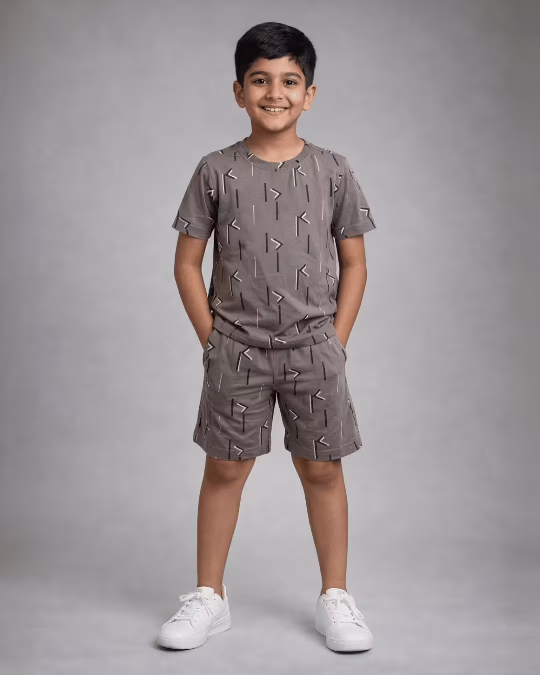 Boys Indigo Printed Cotton Bermuda Co-Ord Set  - Dark Gray