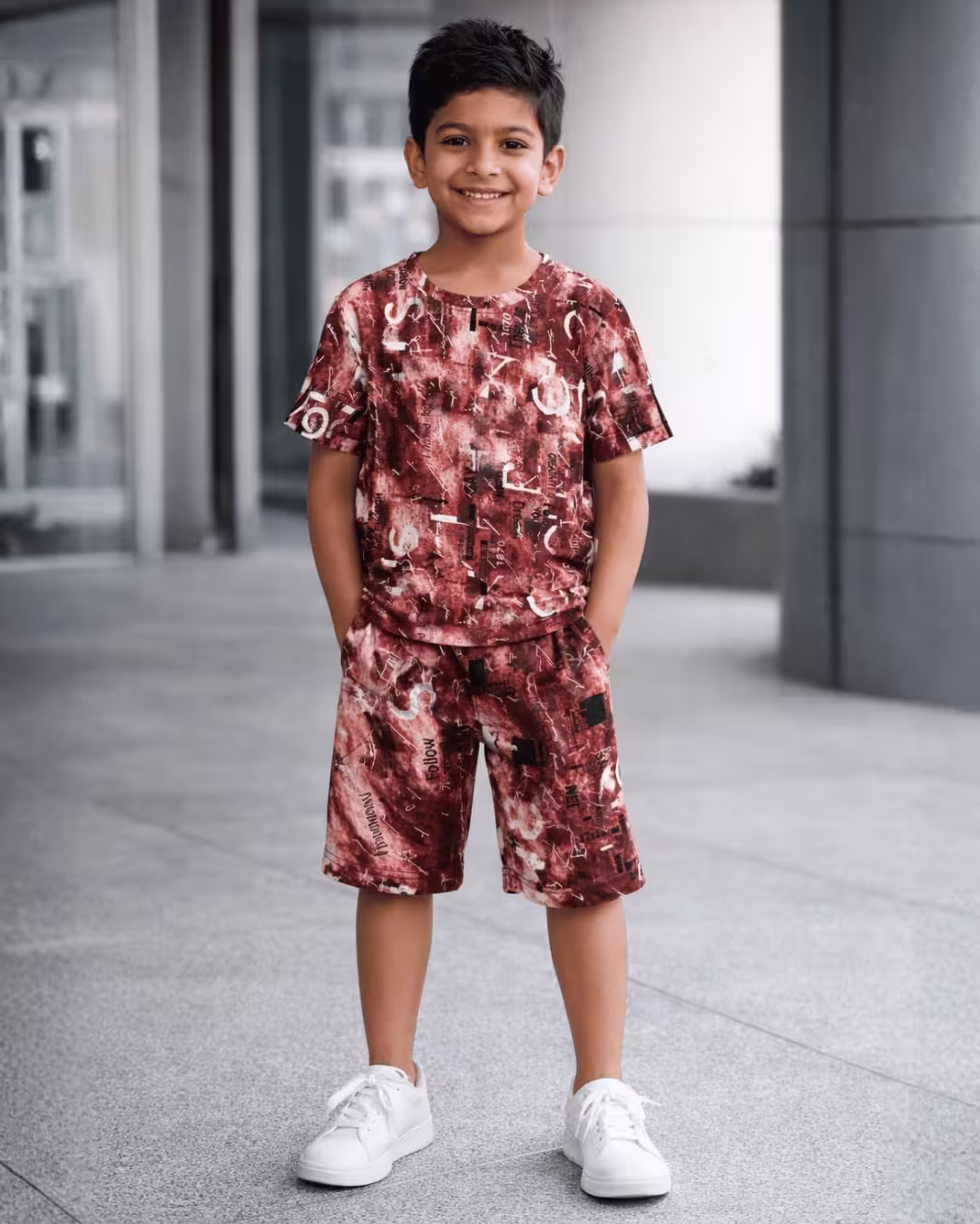 Boys Indigo Printed Cotton Bermuda Co-Ord Set  - Marron