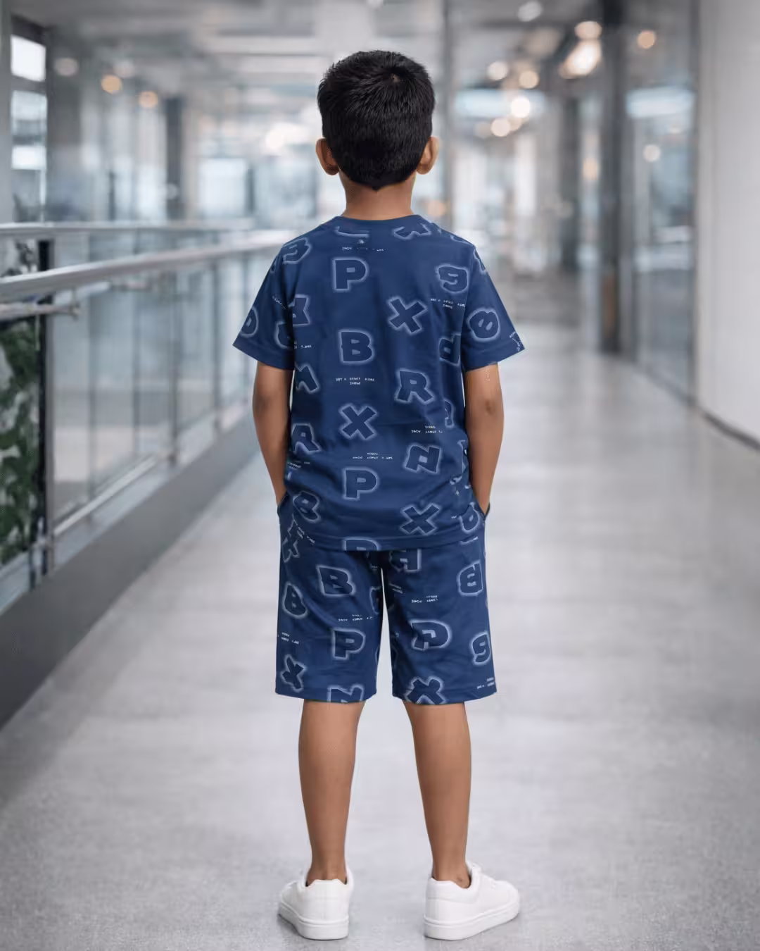 Boys Indigo Printed Cotton Bermuda Co-Ord Set  - Navy Blue Alternate