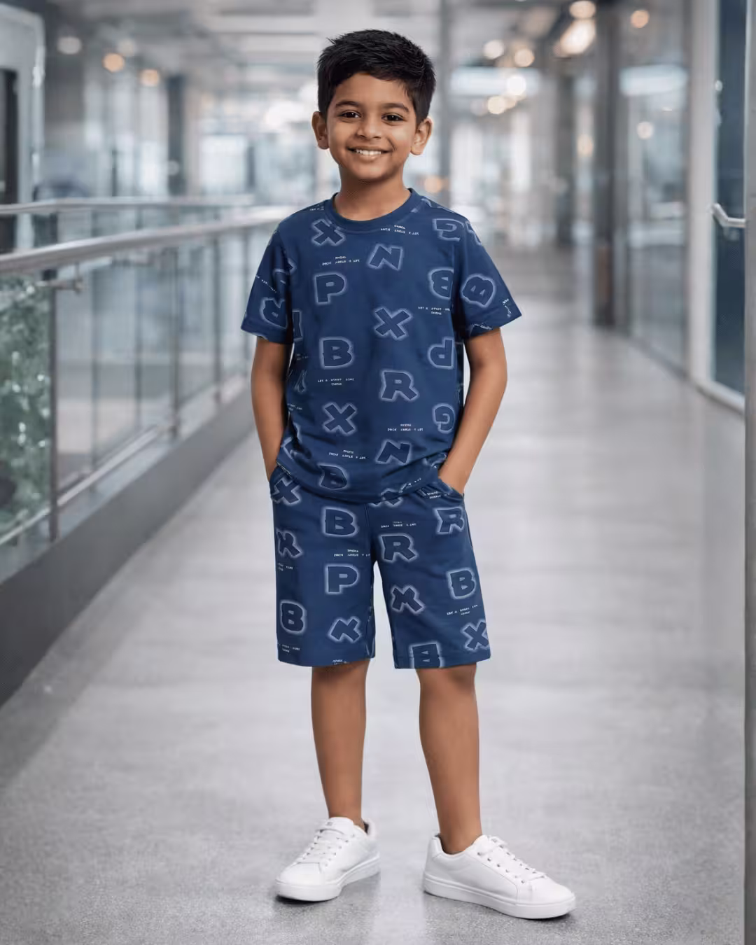 Boys Indigo Printed Cotton Bermuda Co-Ord Set  - Navy Blue