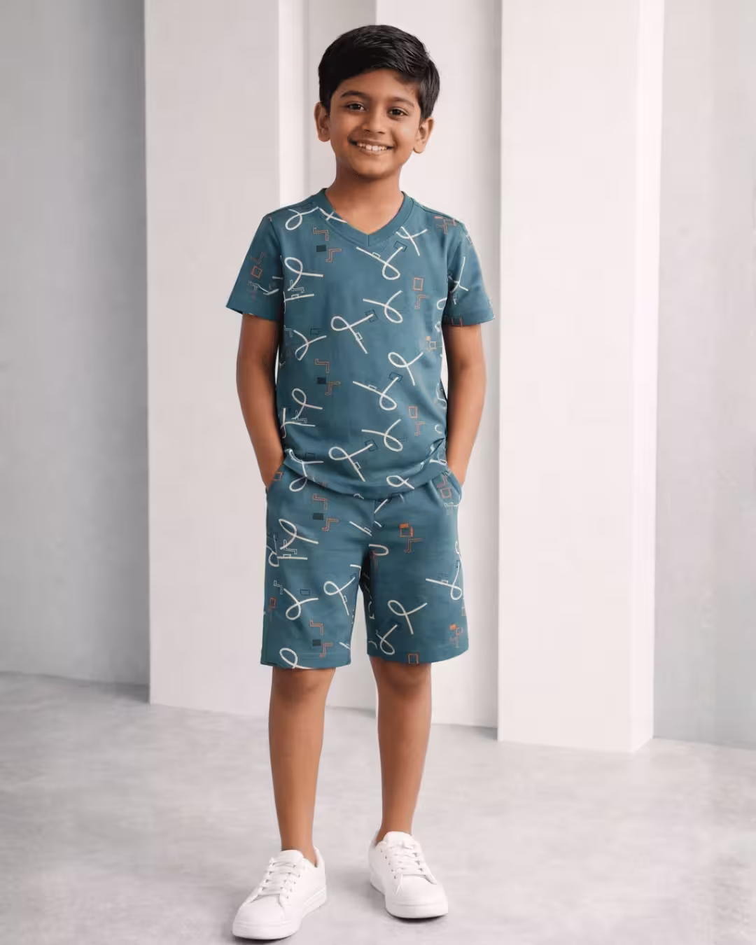 Boys Indigo Printed Cotton Bermuda Co-Ord Set  - Ocean Blue