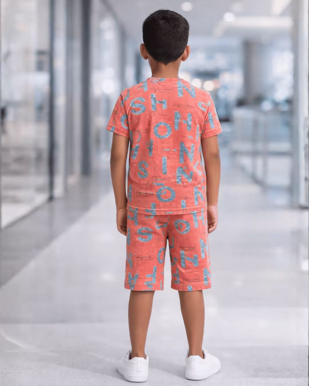 Boys Indigo Printed Cotton Bermuda Co-Ord Set  - Peach Alternate