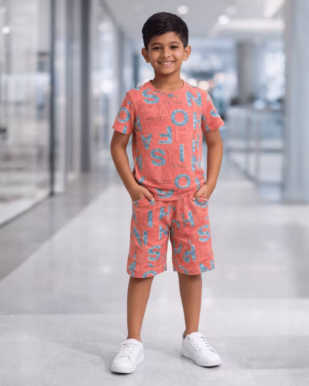 Boys Indigo Printed Cotton Bermuda Co-Ord Set  - Peach