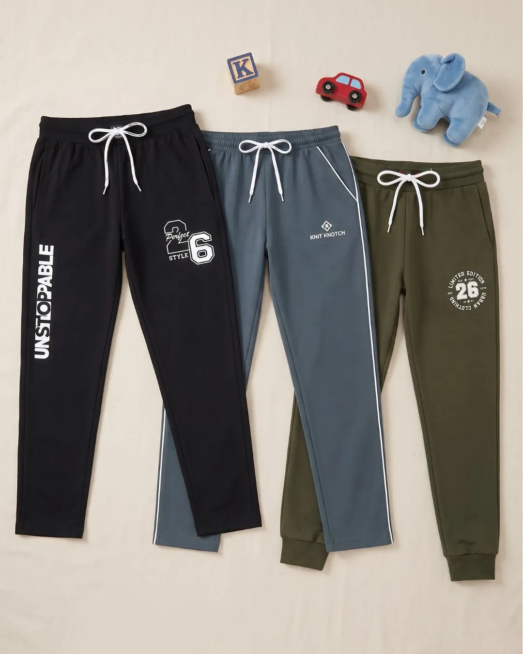 Boys Track Pants Combo Pack of 3 – Printed, Jogger & Casual Lower Set