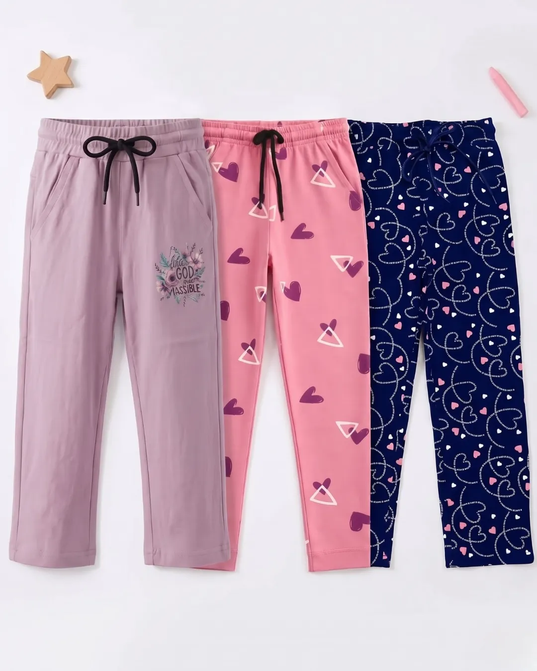 Girls Lower Combo Pack of 3 – Printed, Jogger & Casual Pants for Kids - Combo 1
