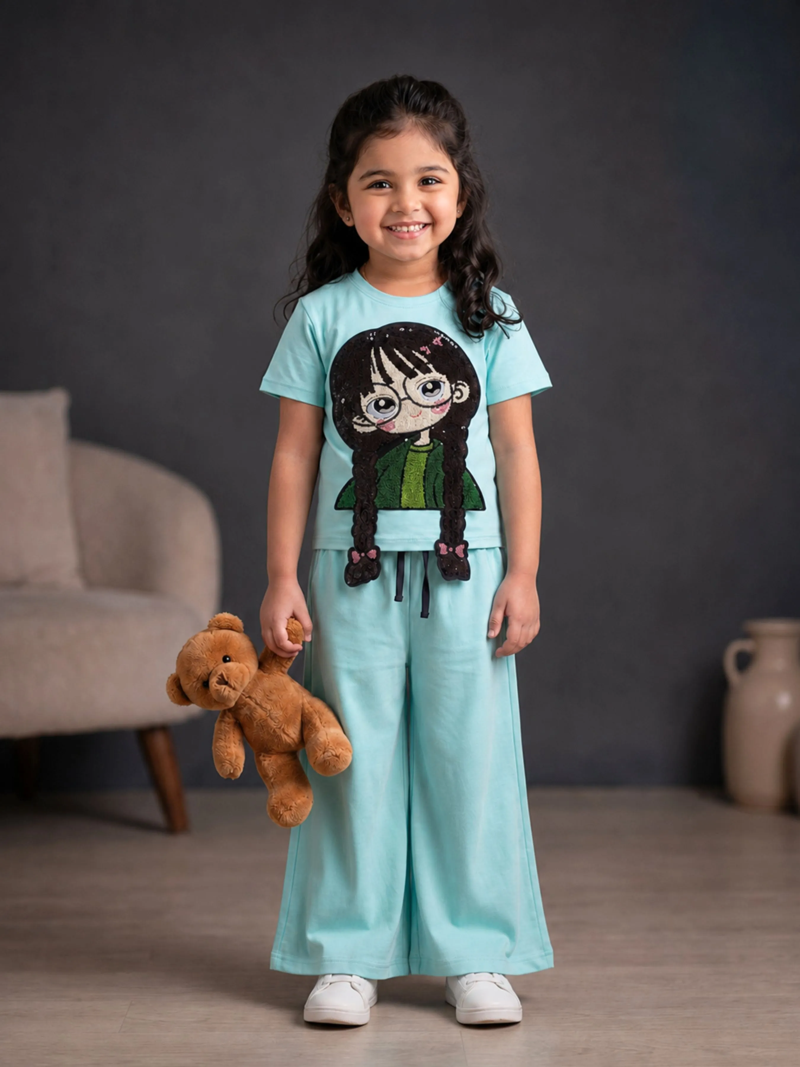 Girls Graphic T-Shirt & Wide-Leg Pants Co-ord Set