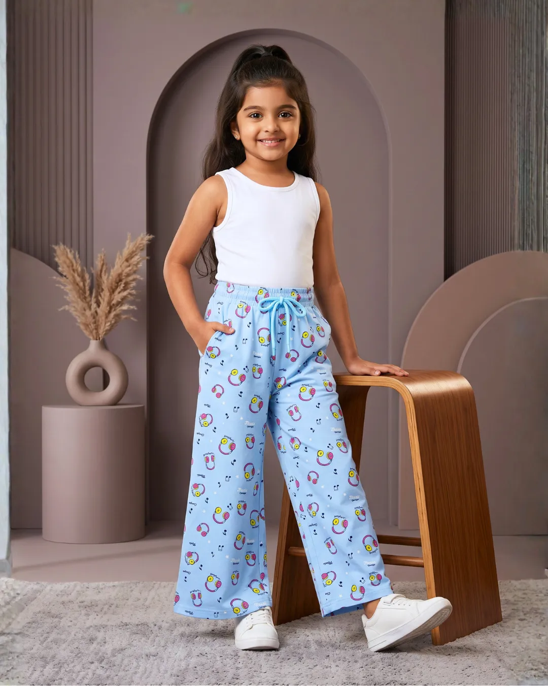 Girls Printed Wide-Leg Cotton Pants