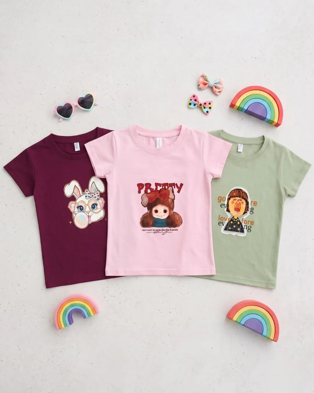 Girls Cotton Graphic T-Shirts Combo Pack of 3 – Printed Half Sleeve Tees