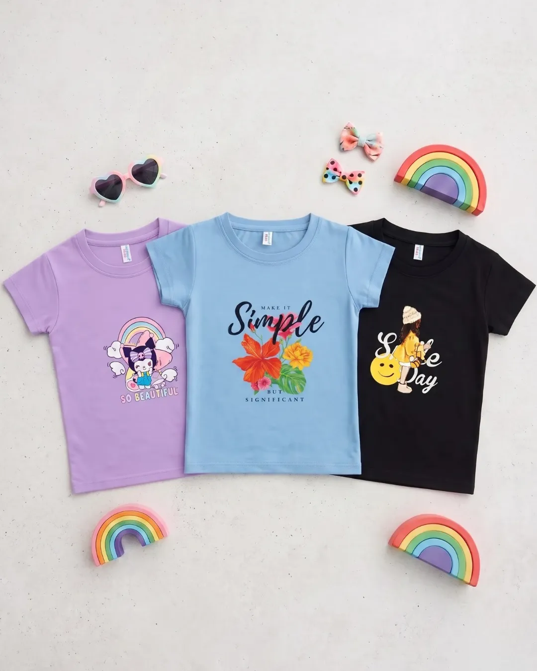 Girls Cotton Graphic T-Shirts Combo Pack of 3 – Printed Half Sleeve Tees 